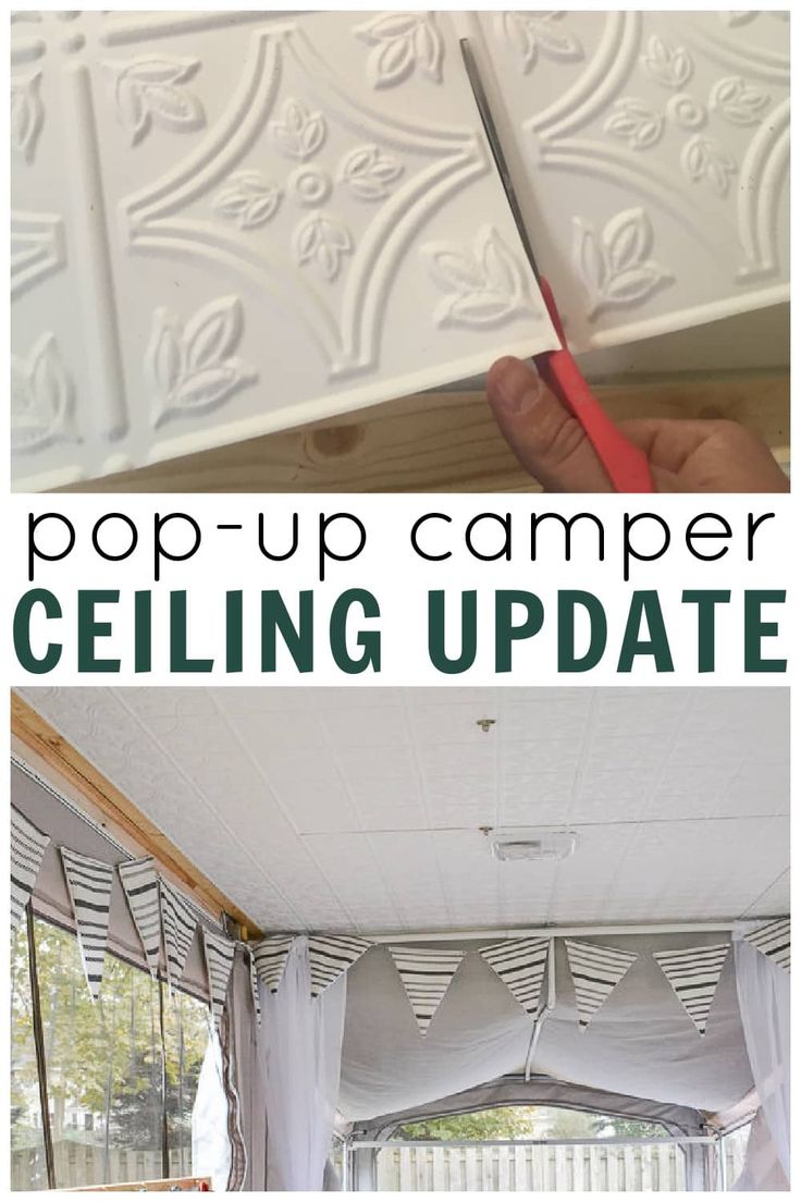 use plastic tiles to update a RV ceiling or camper ceiling Pop Up Tent Trailer Makeover, Diy Camper Window Coverings, Pop Up Camper Ceiling Remodel, Pop Up Camper Canvas Repair, Rv Ceiling Makeover, Camper Ceiling Ideas, Diy Pop Up Camper Remodel, Rv Ceiling Ideas, Pop Up Camper Interior Ideas