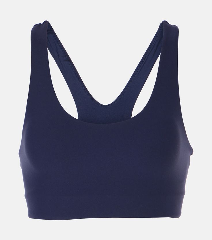 Peached Jade sports bra in blue - The Upside | Mytheresa Solid Nylon Sports Bra With Built-in Bra, Stretch Nylon Sports Bra With Built-in Padding, Sporty High Stretch Crop Top With Built-in Padding, Nylon Activewear With Built-in Bra For Sports, Padded Athleisure Activewear For Sports, Workout Racerback Bra With Built-in Padding, Seamless Sporty Sports Bra, Padded Athleisure Activewear For Light Sports, Medium Support Sports Bra In Blue