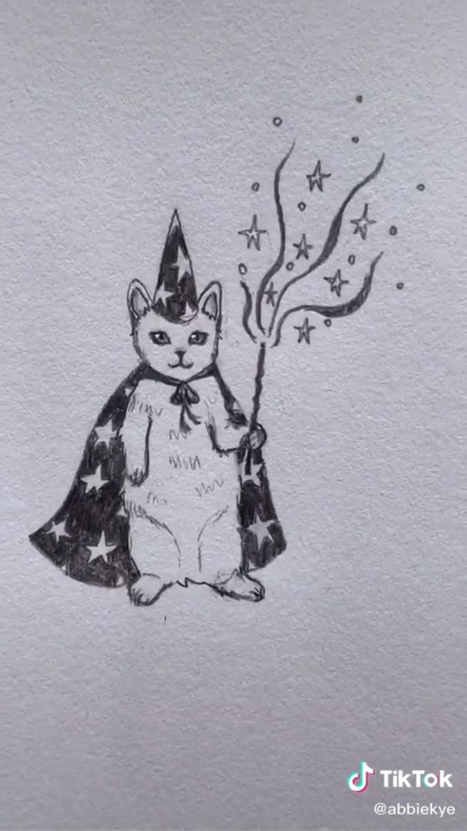 a black and white drawing of a cat with stars on it's head holding a wand