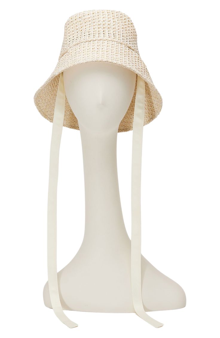 Metallic accents and 14-karat-gold hardware bring delicate shine to this open-weave bucket hat with tie straps and an extended brim for added sun protection. Chin straps 50% polypropylene, 50% polyethylene Spot clean Imported Spring Straw Bucket Hat, Chic Natural Color Bucket Hat, Chic Natural Bucket Hat, Vacation Bucket Hat With Woven Detail, Woven Summer Bucket Hat, Chic Straw Bucket Hat For Spring, Spring Bucket Straw Hat, Wide Brim Hat With Adjustable Strap For Spring, Woven Bucket Hats For Summer