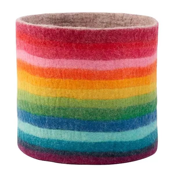 a multicolored pot is shown on a white background with the colors of rainbows