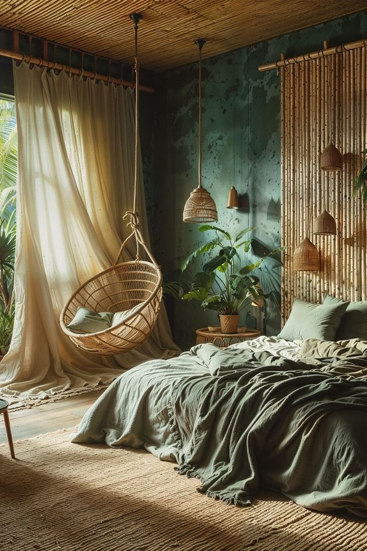 a bed in a bedroom with green walls and hanging plants on the headboard, along with a hammock chair