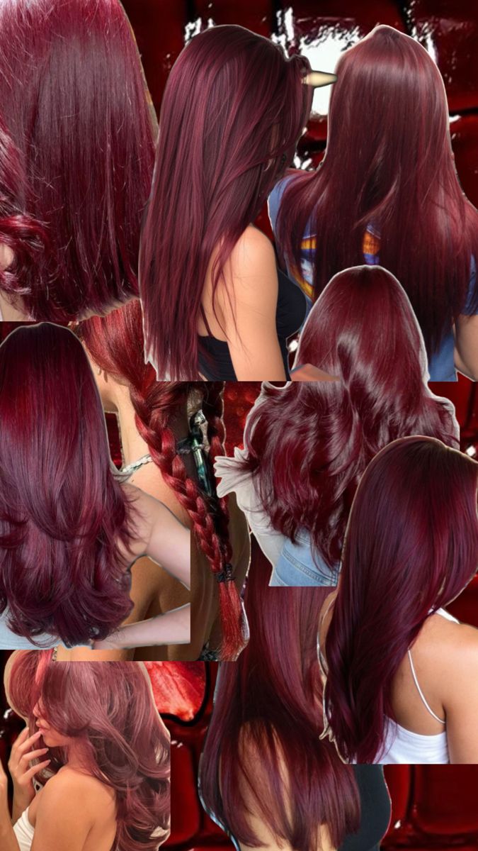 Coloured Streaks In Hair, Red Violet Hair Color With Highlights, Bright Cherry Red Hair, Cherry Purple Hair, Cherry Red Highlights, Cherry Coke Hair Color, Hair Color Cherry Coke, Cherry Cola Hair Color, Medium Layers