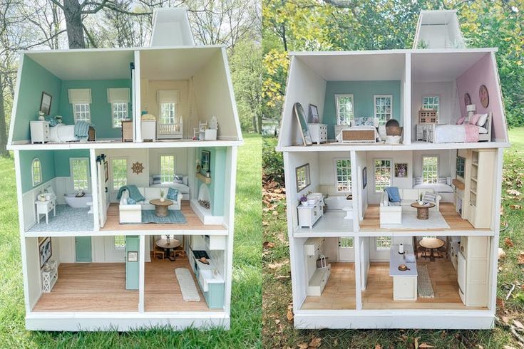 two pictures of the inside and outside of a doll house