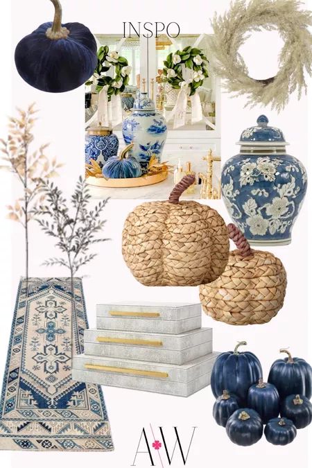 a collage of blue and white items including pumpkins, vases and other decorations