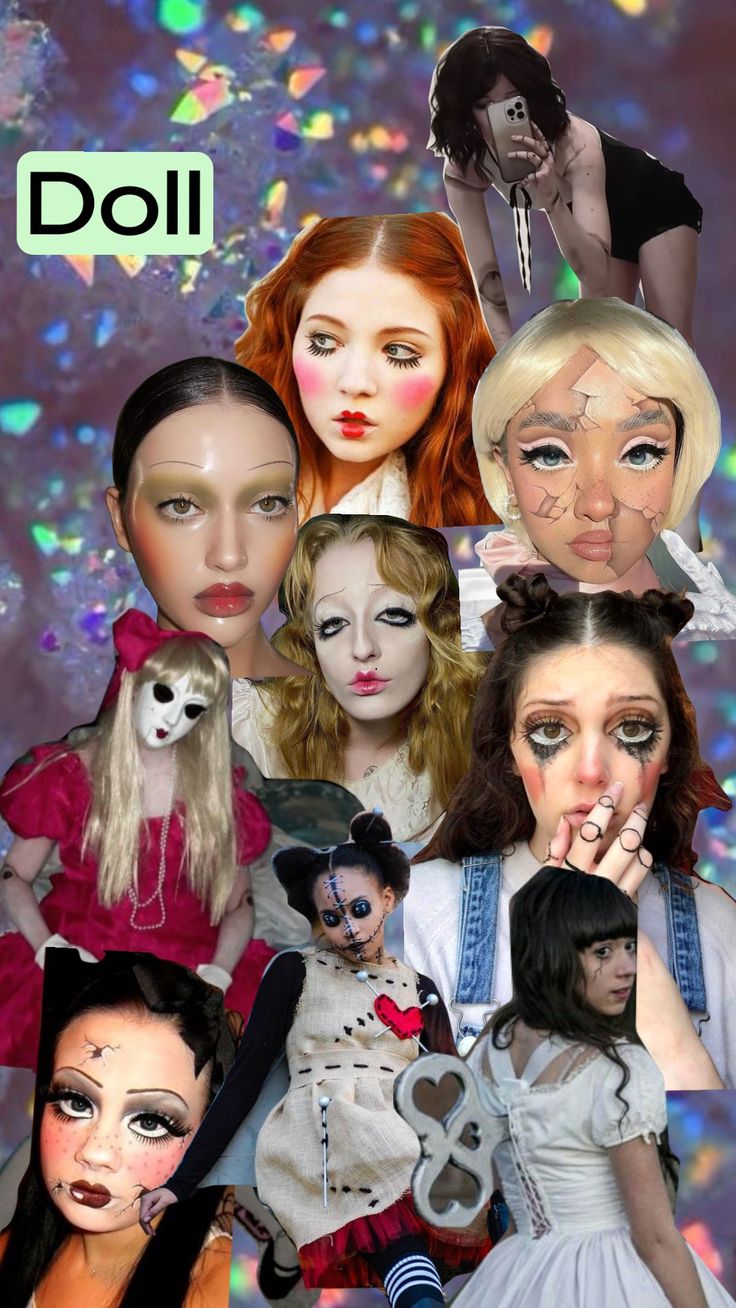 a collage of dolls with different faces and hair styles, including one woman's face