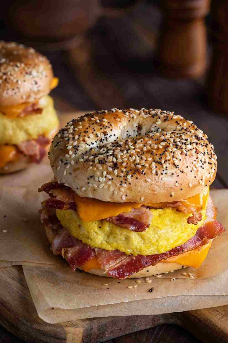 two bagels with bacon and cheese on them sitting on top of a cutting board