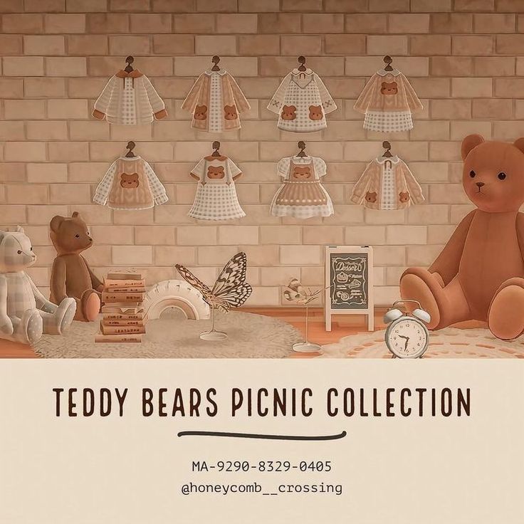 teddy bears picnic collection displayed in front of brick wall with clocks and cribs