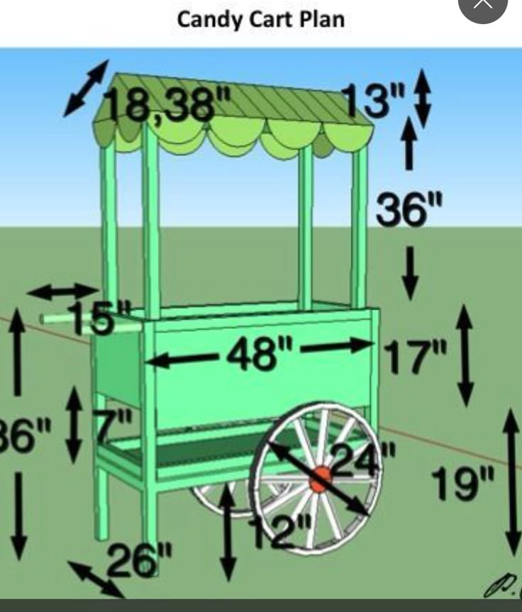 a drawing of a green cart with wheels and measurements for the top part of it