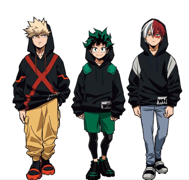 three anime characters wearing black hoodies and green pants, one with red hair and the other with blue eyes