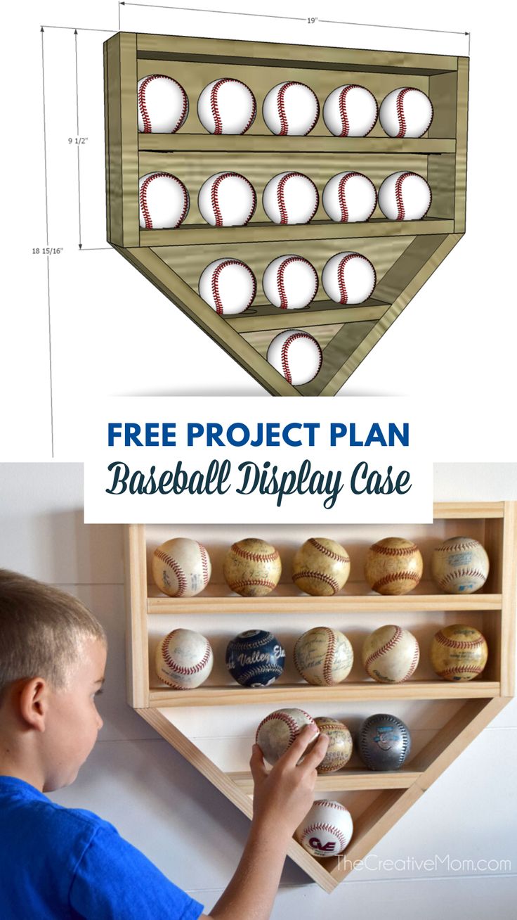 the baseball display case is made from wood and has three shelves with balls on it