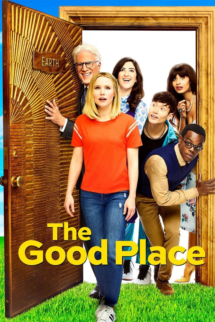 the good place season 3 poster with people standing in front of an open wooden door