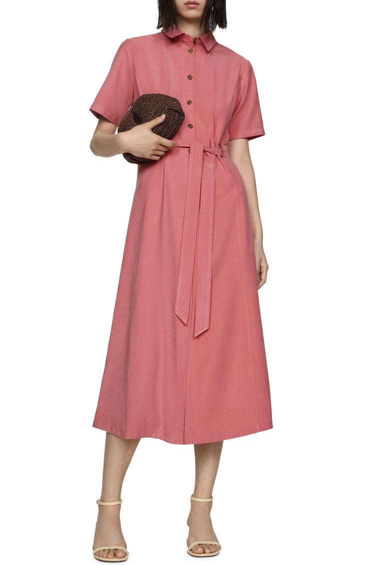 A matching sash cinches the waist of this classic midi-length shirtdress made from a lightweight fabric that flows with ease. Front button closure Point collar Short sleeves Removable sash Lined 93% viscose, 7% polyester Machine wash, line dry Imported Casual A-line Belted Dress For Spring, Casual Spring A-line Belted Dress, Spring Belted Dress With Tie Fastening For Daywear, Casual Short Sleeve Dresses With Belt, Knee-length Belted Dress For Day Out, Summer Knee-length Dress With Belt, Workwear Belted A-line Maxi Dress, Workwear A-line Maxi Dress With Belt, Spring Casual Belted Dress With Tie Fastening