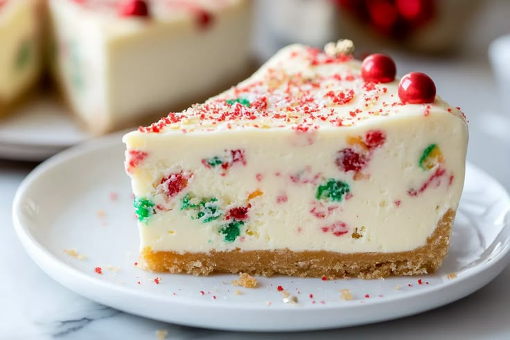 a slice of christmas cheesecake with sprinkles on top sits on a plate