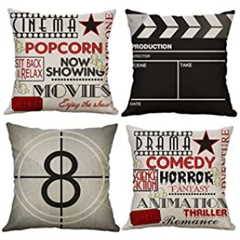 four pillow covers with different movie themes on them, one is black and the other is white