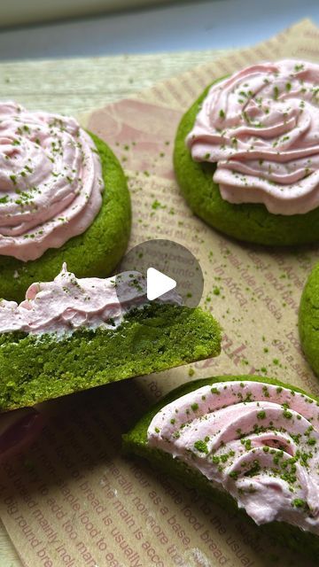 green cookies with pink frosting and sprinkles