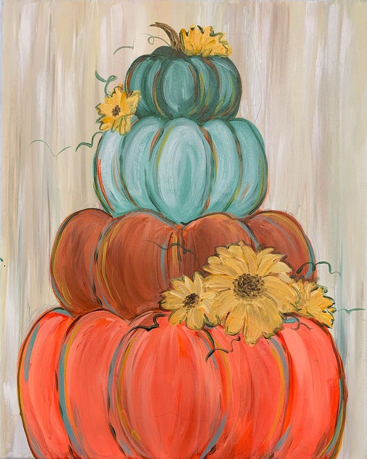 an acrylic painting of pumpkins and sunflowers on top of each other