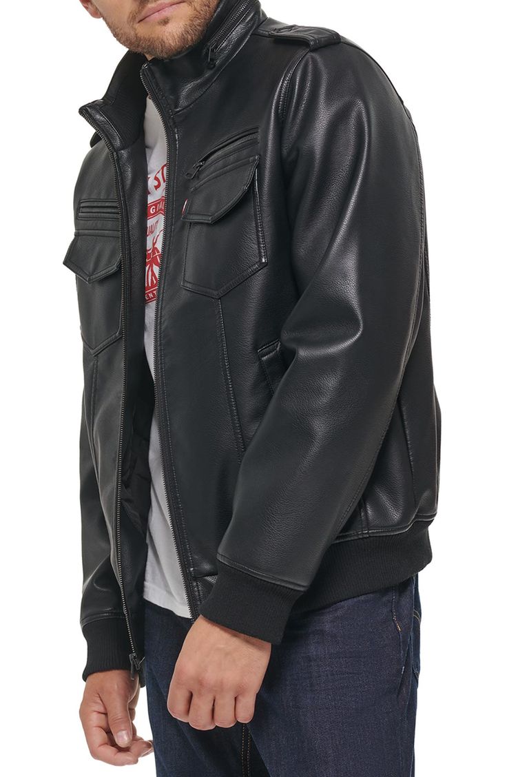 A quilted lining and light fill add comfortable warmth to this grab-and-go bomber jacket boasting a water-resistant exterior for weather-ready style. 27" length Front zip closure Stand collar Ribbed cuffs and hem Chest zip pockets and flap-patch pockets; front welt pockets; interior welt pocket Snap epaulets Water resistant Lined, with synthetic fill 100% polyester with polyurethane coating Machine wash, dry flat Made in China Casual Quilted Outerwear For Streetwear, Winter Outerwear With Zipper Closure For Urban Adventures, Utility Leather Jacket With Pockets For Streetwear, Leather Outerwear With Pockets For Urban Adventures, Casual Winter Biker Jacket With Pockets, Casual Biker Jacket With Pockets, Leather Jacket For Urban Adventures In Fall, Urban Leather Jacket With Pockets, Casual Leather Jacket With Padded Collar