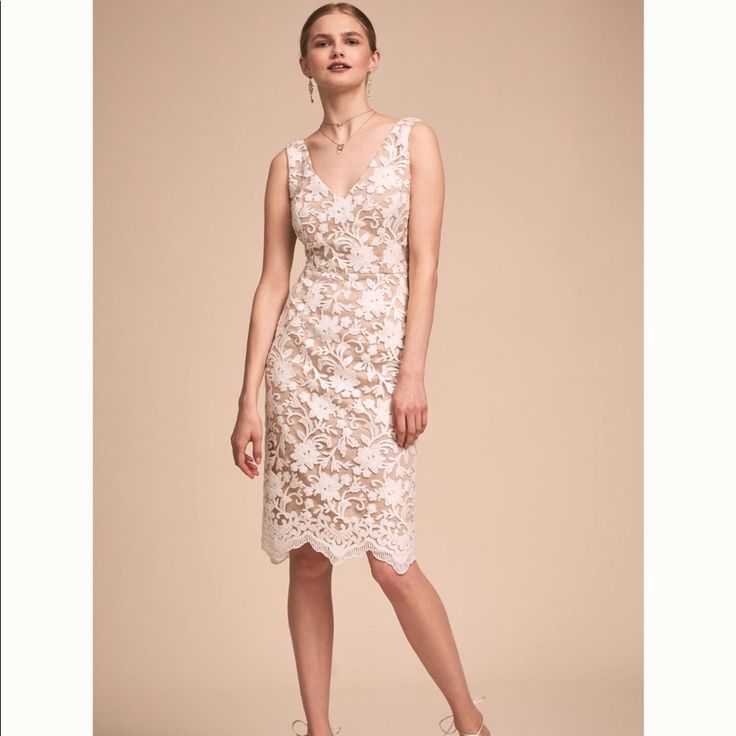 Part Of A Special Collection From Bhldn. Subtly Sequined Floral Embroidery Bedecks A Chic Nude Sheath With V-Neckline And Scalloped Hem. Never Worn. Brand New Without Tags. Care And Content Back Zip Polyester Professionally Clean Imported Size & Fit Fits Large To Size, Take A Full Size Smaller Than Normal. Feminine Sheath Lace Dress For Wedding, Feminine Sheath Lace Wedding Dress, Cream Lace Knee-length Dress, Formal V-neck Dress With Delicate Lace, Elegant White Midi Dress With Lace Work, Midi Dress With Scalloped Lace And Fitted Bodice, Spring Cocktail Dress With Lace Work, Spring Cocktail Dresses With Lace Work, Feminine Beige Dress With Scalloped Lace