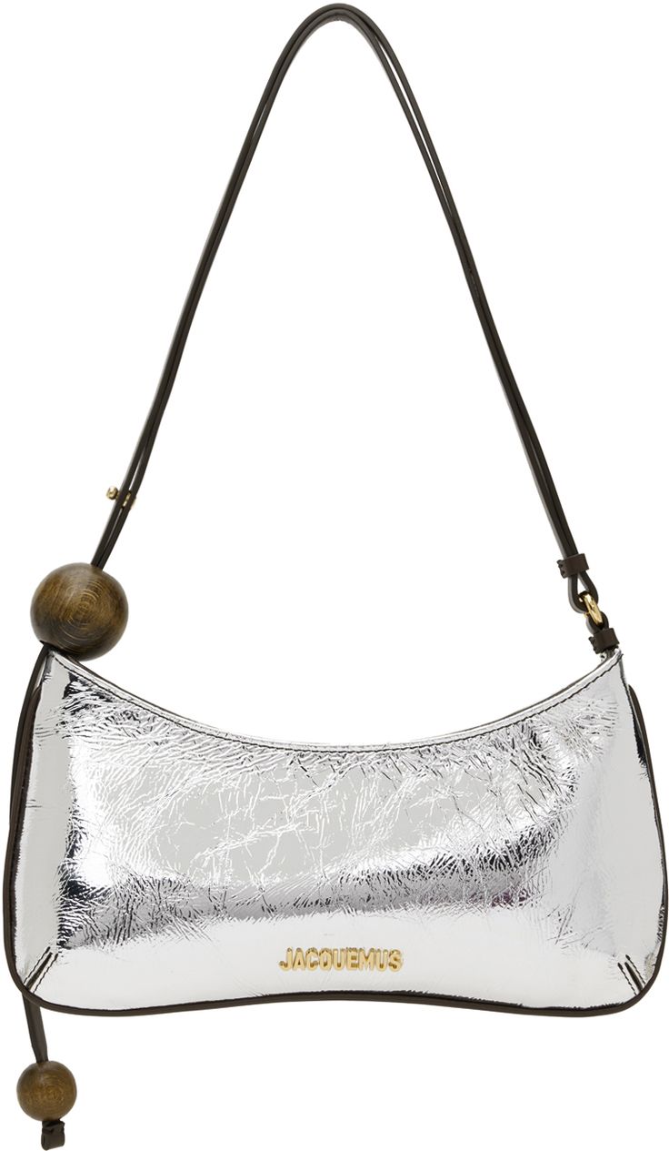 Crinkled leather shoulder bag in silver tone. · Piping throughout · Wooden beads at adjustable shoulder strap · Logo hardware at face · Zip closure · Card slot at interior · Cotton twill lining · Logo-engraved gold-tone hardware · H5.5 x W10.5 x D1 Part of the La Casa collection. Supplier color: Silver Silver Leather Shoulder Bag With Detachable Handle, Rectangular Silver Leather Hobo Bag, Silver Hobo Bag With Silver-tone Hardware For Evening, Silver Leather Shoulder Bag With Adjustable Strap, Silver Rectangular Shoulder Bag With Textured Leather, Silver Textured Leather Shoulder Bag, Silver Textured Leather Rectangular Shoulder Bag, Silver Rectangular Textured Leather Shoulder Bag, Rectangular Silver Textured Leather Shoulder Bag