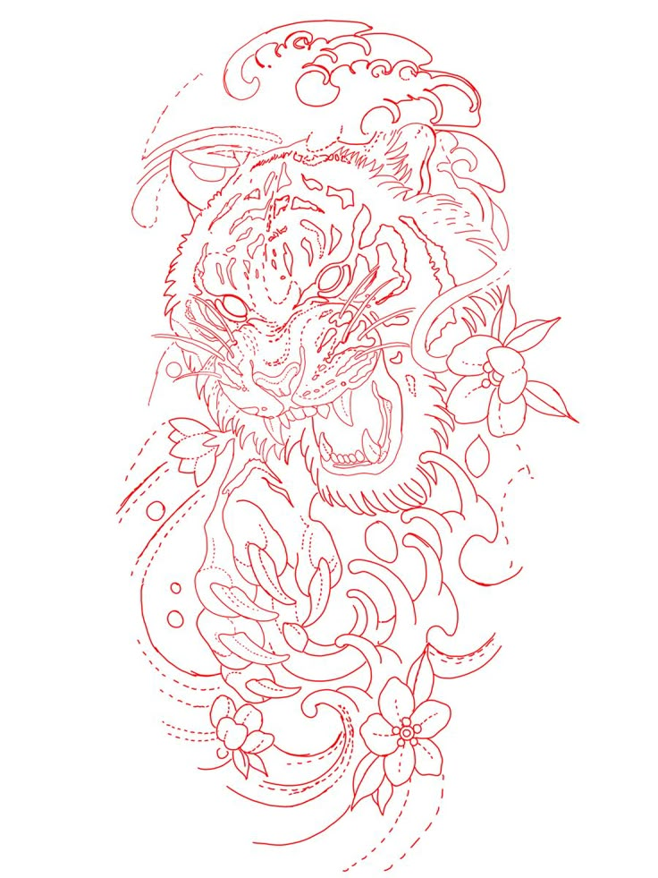 a drawing of a tiger with flowers on it's chest and head in the background