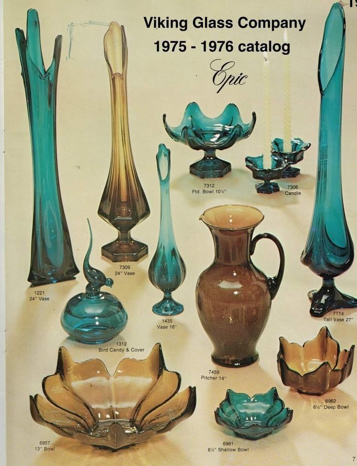 an advertisement for viking glass company showing various vases and bowls in blue, brown and green colors