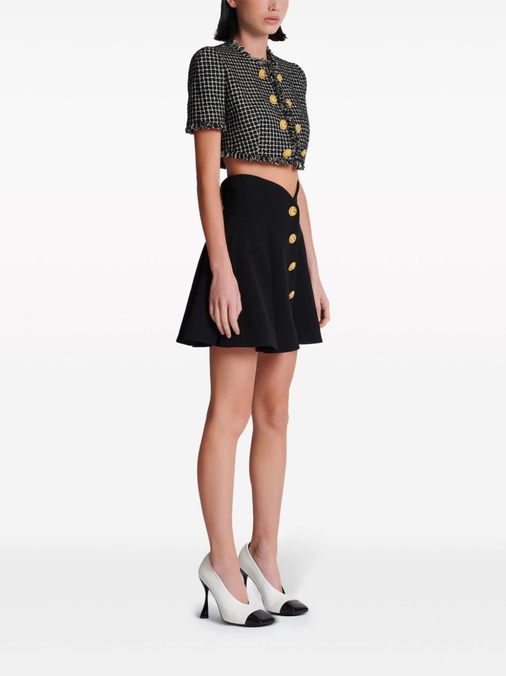 Balmain Pleated A-line Miniskirt - Farfetch Chic Fitted Skirt With Concealed Front Fastening, Chic Skirt With Gold Buttons For Work, Elegant Formal Mini Skirt With Buttons, Formal Fitted Bottoms With Gold Buttons, Formal Fitted Mini Skirt With Buttons, Chic Party Mini Skirt With Buttons, Formal Fitted Mini Skirt With Button Closure, Chic Office Mini Skirt With Buttons, Chic Formal Bottoms With Gold Buttons