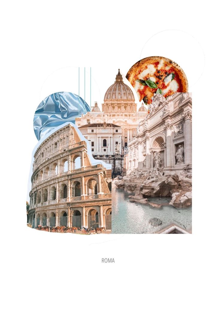 collage of images including buildings, pizza and water in the foreground with text that reads roma