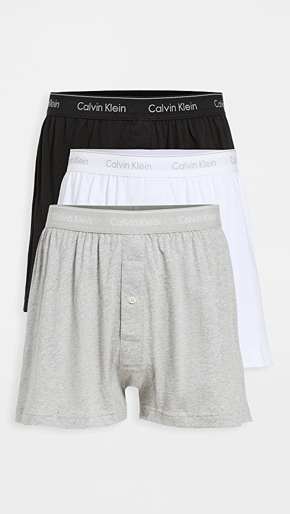 Calvin Klein Underwear Cotton Classic Fit 3-Pack Knit Boxers | Shopbop Classic Cotton Boxer Briefs With Logo Waistband, White Cotton Boxer Briefs With Logo Waistband, White Cotton Boxer Briefs For Loungewear, Fitted Cotton Boxer Briefs With Logo Waistband, Casual White Cotton Boxer Briefs, Sporty Relaxed Fit Cotton Boxer Briefs, Casual Cotton Boxer Briefs For Daywear, Fitted Cotton Boxer Briefs For Loungewear, Comfortable Cotton Boxer Briefs For Loungewear