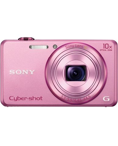 a pink digital camera sitting on top of a white surface