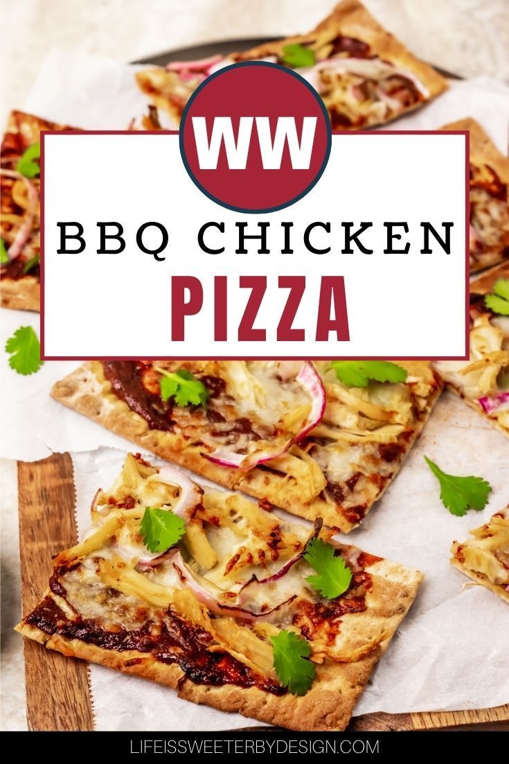 the words bbq chicken pizza are overlaid by slices of pizza