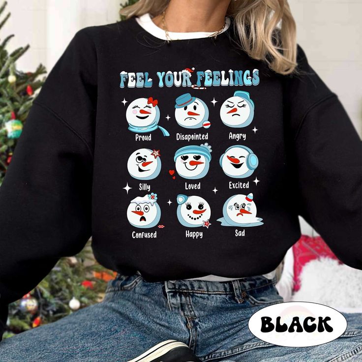 "School Psychologist Christmas Shirt, Mental Health Shirt, All Feelings Are Okay, School Psych Christmas Sweatshirt, School Psych Xmas Gift ↓ Click here to view our additional fashionable collections ↓ https://handcraftedbyhelenn.etsy.com Product Details: - 100% Cotton (fiber content may vary for different colors) - Medium fabric (5.3 oz/yd2 (180 g/m2)) - Classic fit - Tear away label - Runs true to size Care instructions: - Machine wash: warm (max 40C or 105F); - Non-chlorine: bleach as needed; Black Winter Holiday T-shirt, Funny Black Winter Tops, Funny Black Top For Winter, Funny Winter Tops In Black, Funny Long Sleeve Christmas T-shirt, Black Sweatshirt Winter Gift, Graphic Print T-shirt For Gift In Winter, Funny Crew Neck Tops For Winter, Funny Winter Holiday T-shirt