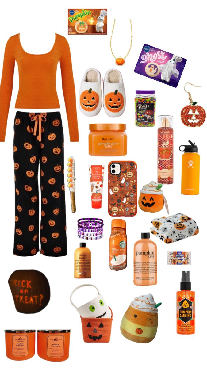 an assortment of halloween items including pumpkins, shoes and hand sanitizers are arranged on a white background