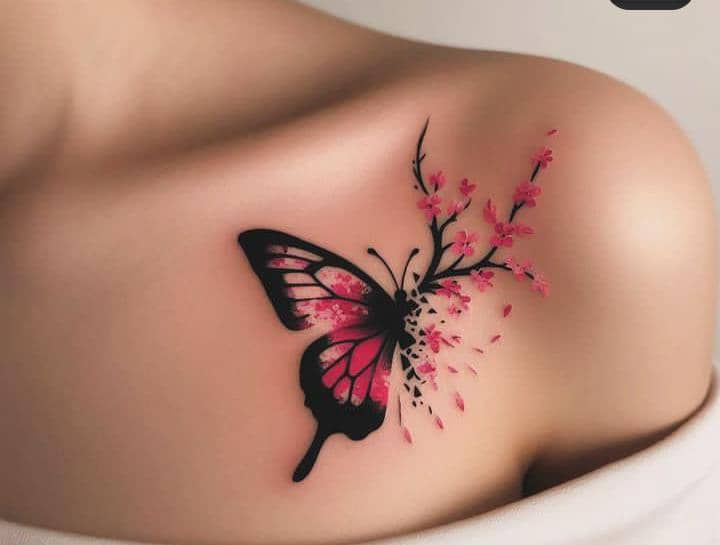 a woman's breast with a butterfly tattoo on her chest and pink flowers in the back