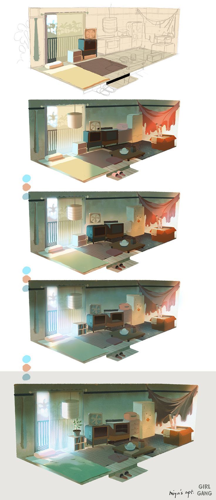 three different views of the inside of a house, each with its own floor plan