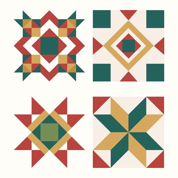 four different types of star quilts on a white background with green and red squares