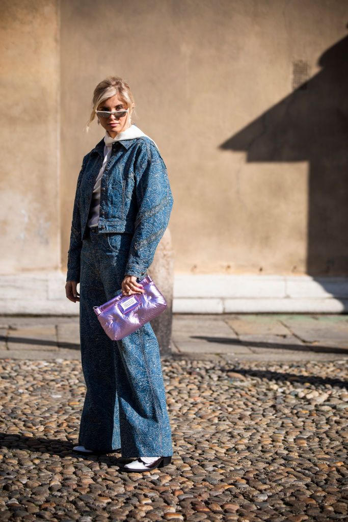 MILAN, ITALY - FEBRUARY 22: Xenia Adonts, wearing a purple Maison Margiela bag and denim jacket and pants, is seen outside Etro on Day 3 Milan Fashion Week Autumn/Winter 2019/20 on February 22, 2019 in Milan, Italy. (Photo by Claudio Lavenia/Getty Images) Boyfriend Jeans Outfit Fall, Boyfriend Jeans Outfit Winter, Margiela Bag, How To Wear Denim Jacket, Xenia Adonts, Italy February, High Waisted Jeans Outfit, Jeans And T Shirt Outfit, Womens Boyfriend Jeans