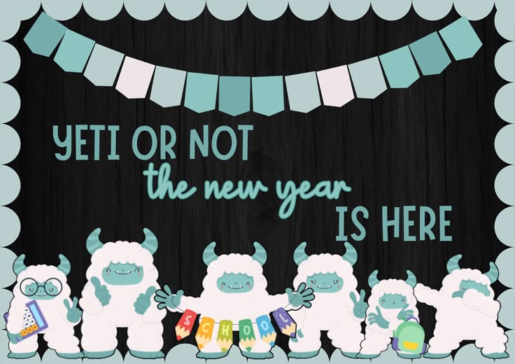 a group of cartoon sheep standing next to each other in front of a sign that says yet or not the new year is here