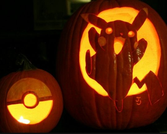 two pumpkins carved to look like they have been carved into the shape of pokemon