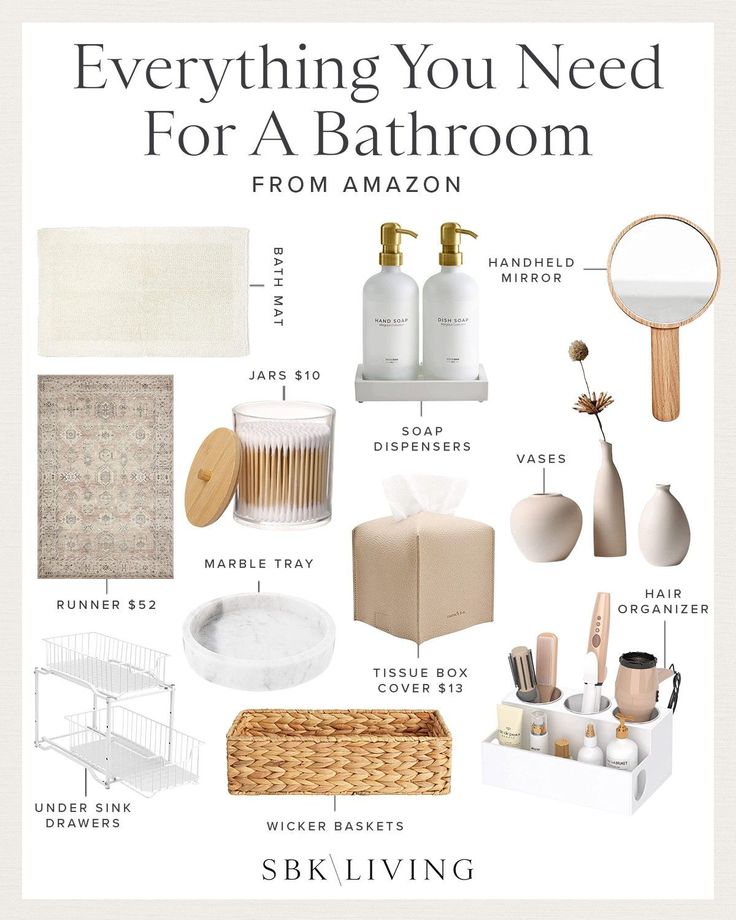 an advertisement for a bathroom with all the items needed to decorate it in white and beige