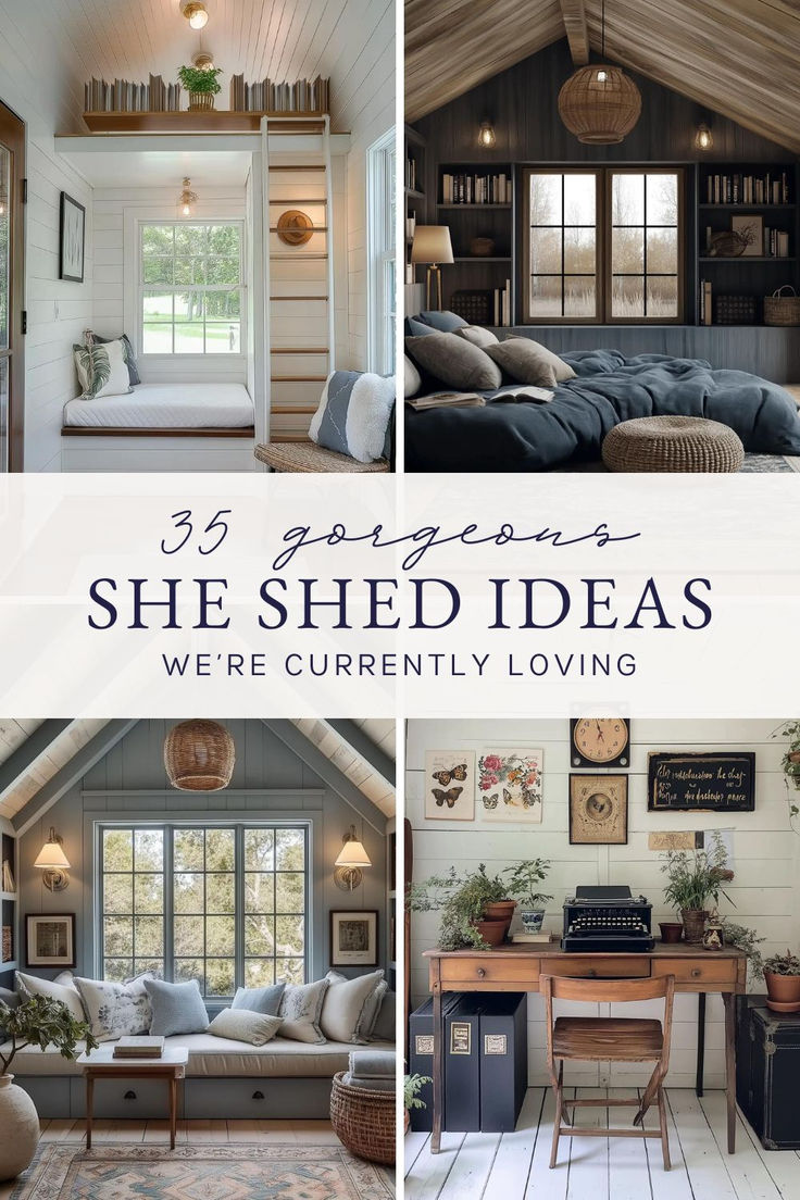 she shed ideas She Shed Airbnb, Garden Craft Room She Sheds, She Shed Library Interior, She Shed With Loft Ideas, She Shed Interior Ideas Shabby Chic, Craft She Shed Ideas, She Shed Reading Nook, Diy She Shed Cheap Easy, Cozy She Shed Interior