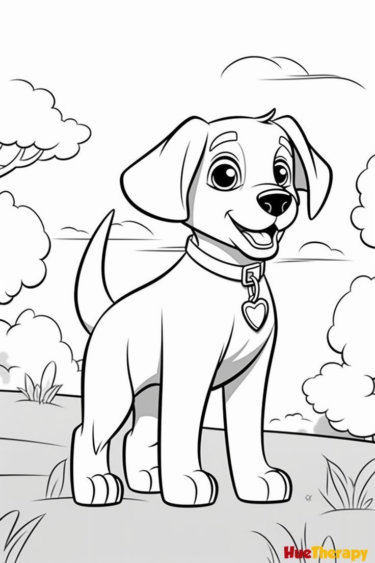 a cartoon dog sitting on the ground with clouds in the background