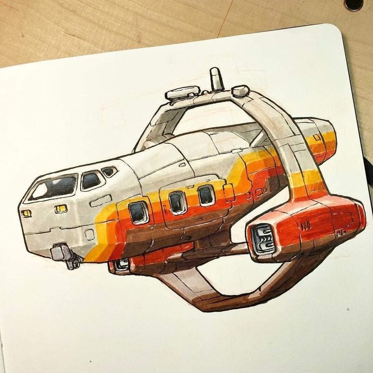 a drawing of an orange and white helicopter