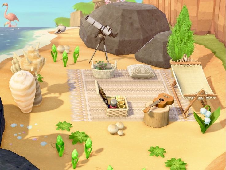 an animated image of a beach scene with chairs, umbrellas and other items on the sand