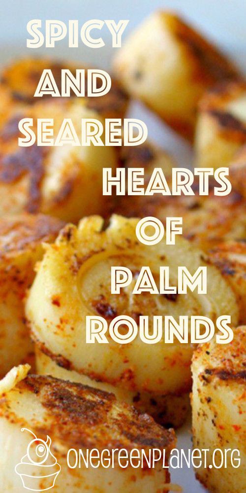 some food that is on top of a white plate with the words spicy and seasoned hearts of palm rounds