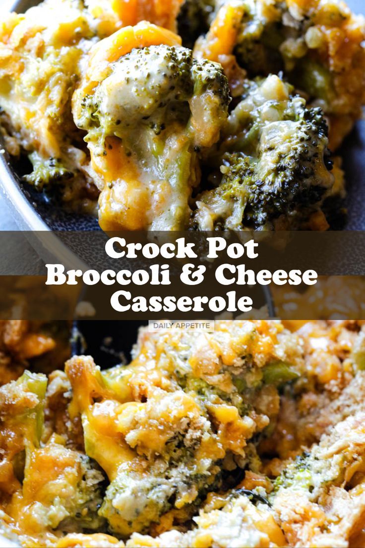 broccoli and cheese casserole is shown in two different images, one with the