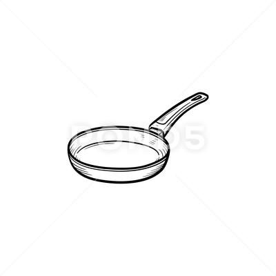 a frying pan hand drawn in black ink on white paper stock photo, royalty illustration and