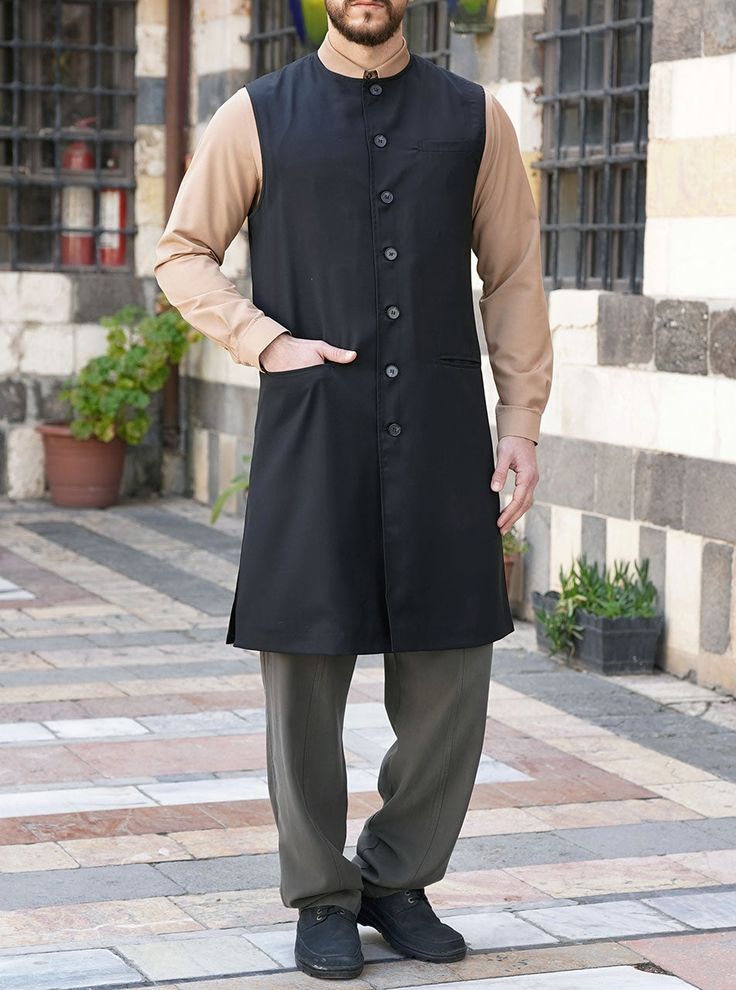 Kurta Waistcoat Solid Stand Collar Blazer With Pockets, Solid Color Blazer With Stand Collar And Pockets, Solid Blazer With Stand Collar And Pockets, Sleeveless Winter Blazer With Pockets, Solid Vest With Pockets For Workwear, Semi-formal Sleeveless Outerwear With Button Closure, Black Blazer With Stand Collar And Pockets, Formal Black Vest With Pockets, Black Workwear Vest With Pockets