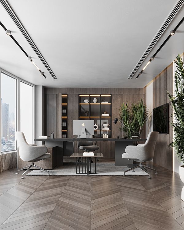 an office with wood flooring and white chairs in front of large windows overlooking the city