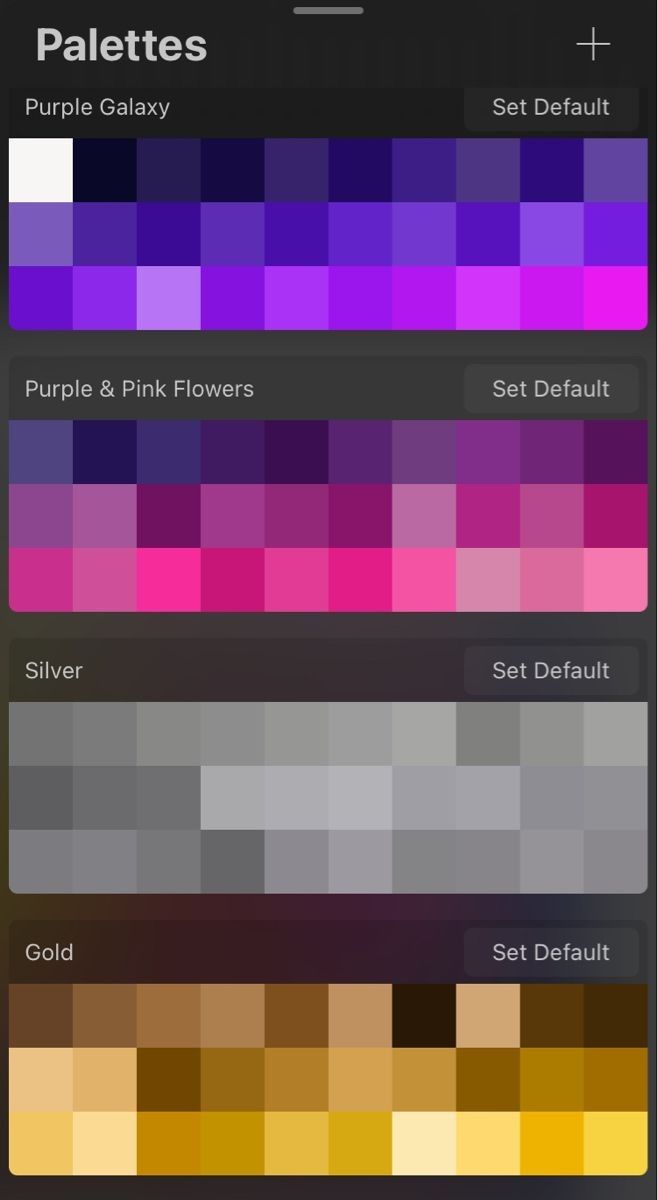 the color picker app for iphone shows different shades of purple, pink and yellow